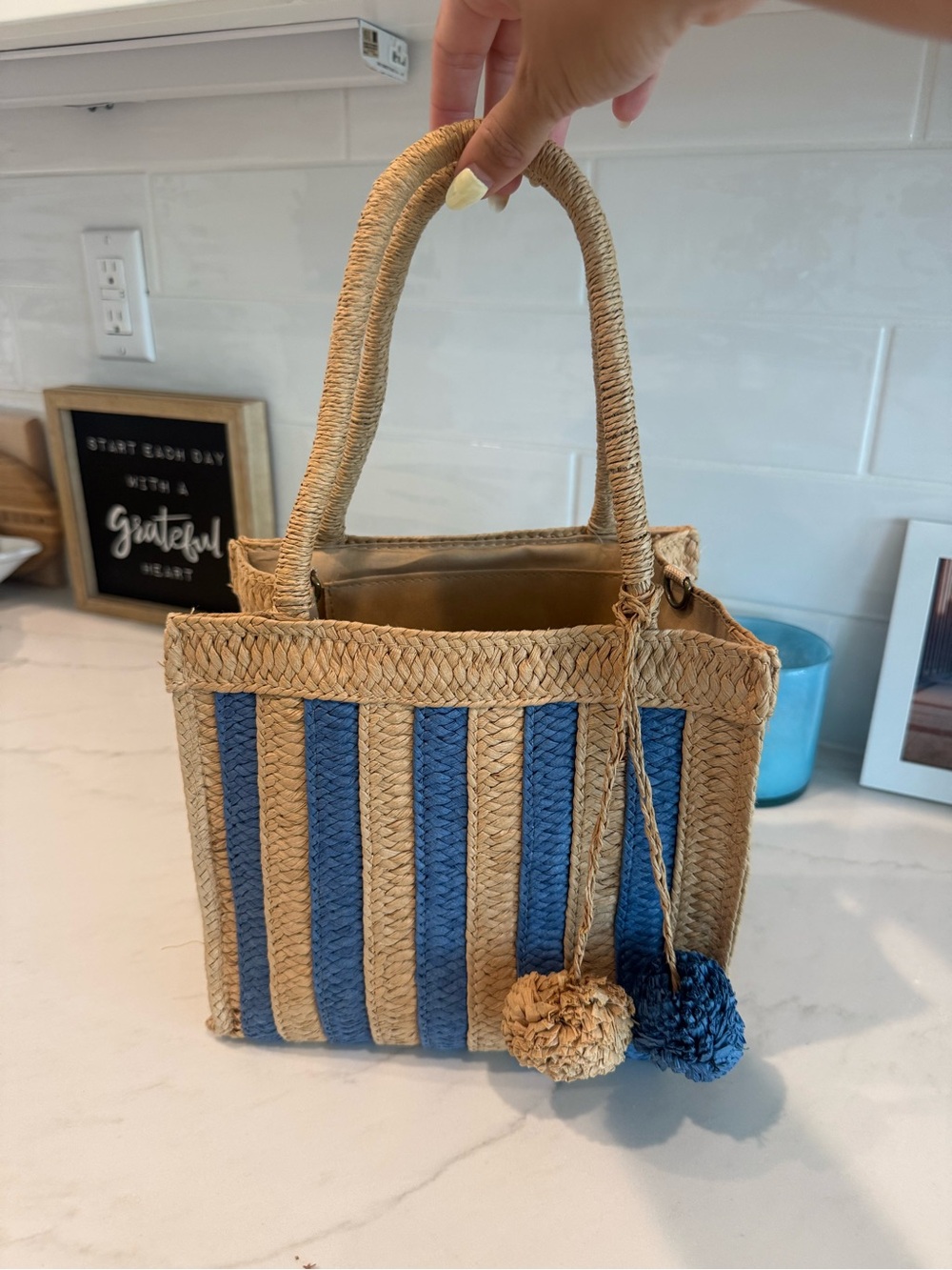 Woven Straw Tote Bag with Blue Stripes
